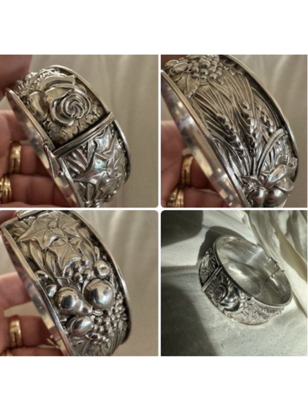 Vtg Heavy 925 Sterling Silver Harvest Repoussé Hinged 1” Clamp Bangle Bracelet